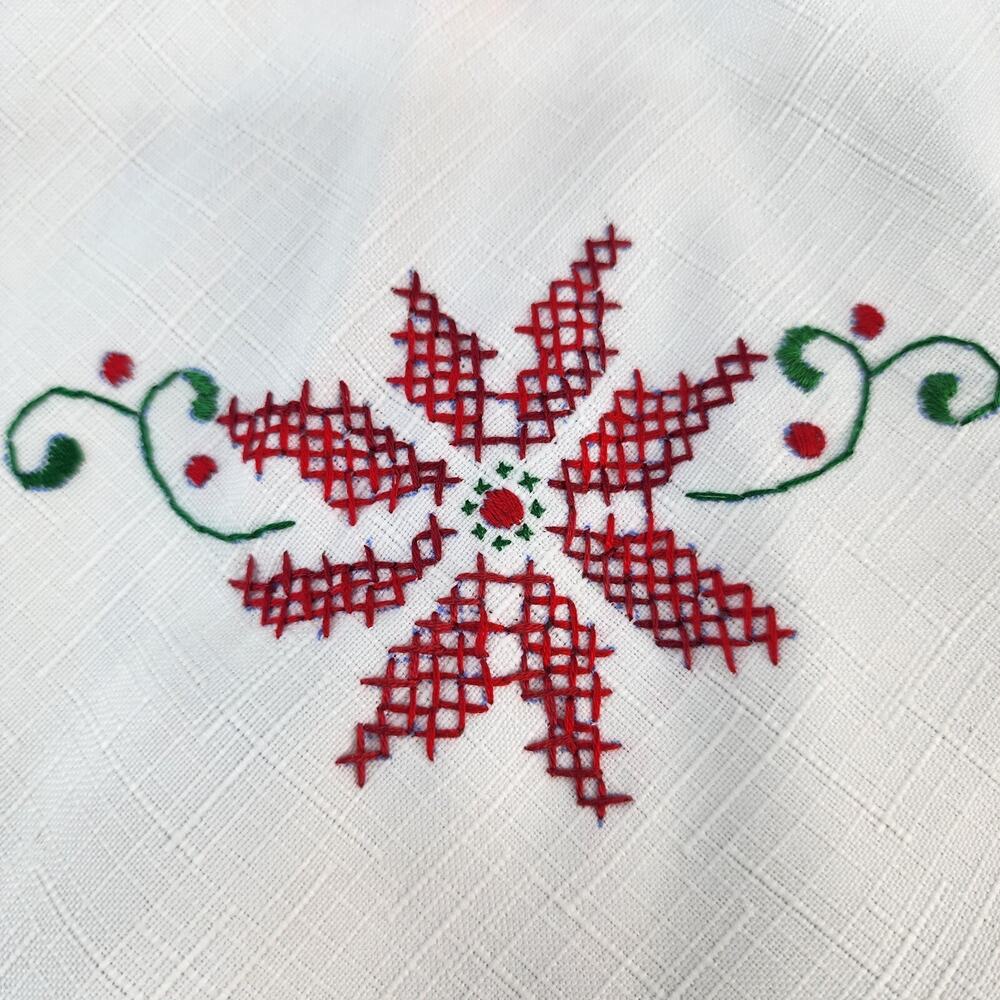 Vintage Christmas Linen Napkins Set o 6 Metal Rings Lace Cross Stitch Poinsettia - Picture 5 of 15